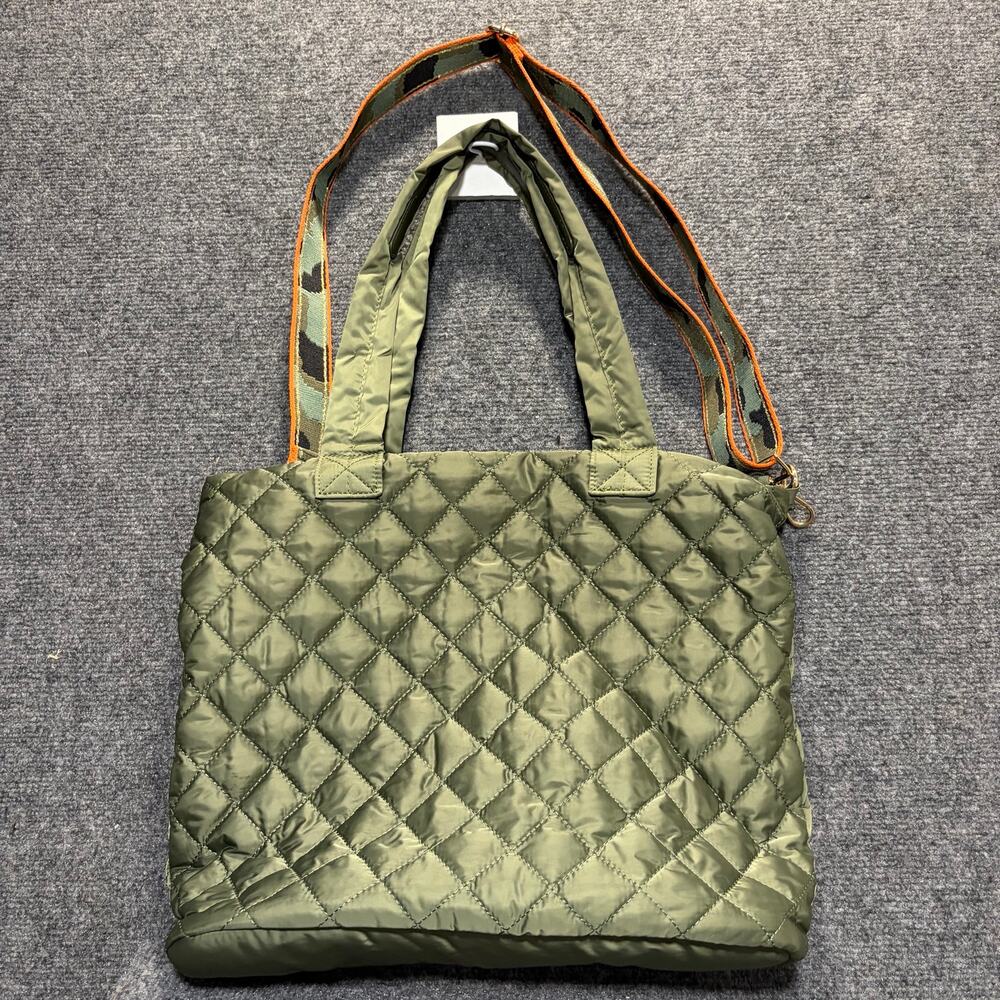 Ah-Dorned Olive Green Quilted Nylon Puffer Tote Bag Camo Strap Purse